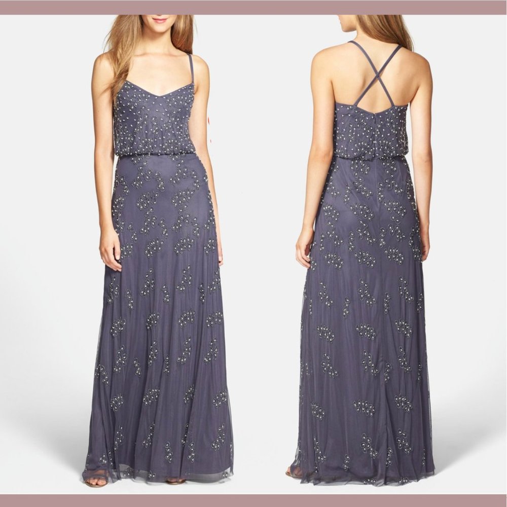 NEW Adrianna Papell Beaded Pearl Blouson Gown in Gunmetal [SZ 12 ]‎